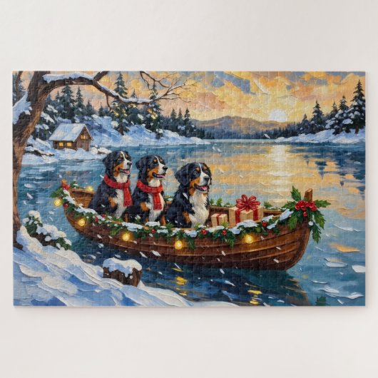 Bernese Mountain Dog Christmas Boat Holiday Puzzle (Horizontal)