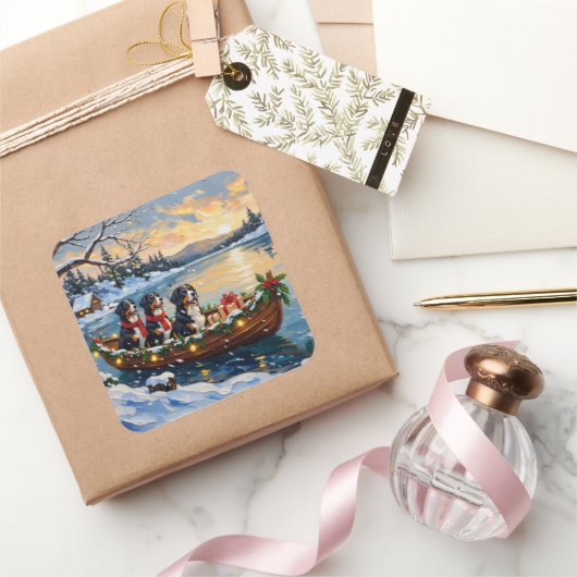 Bernese Mountain Dog Christmas Boat Holiday Quadratischer Aufkleber (Schenken)