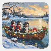 Bernese Mountain Dog Christmas Boat Holiday Quadratischer Aufkleber (Vorderseite)