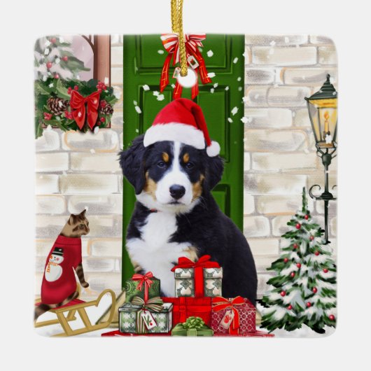 Bernese Mountain Dog Christmas Keramikornament (Vorderseite)