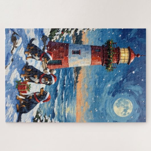 Bernese Mountain Dog Christmas Lighthouse Holiday Puzzle (Horizontal)