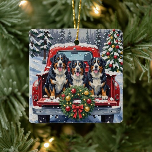 Bernese Mountain Dog Christmas Red Truck Holiday Keramikornament (Baum)