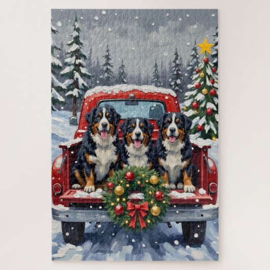 Bernese Mountain Dog Christmas Red Truck Holiday Puzzle (Vertikal)