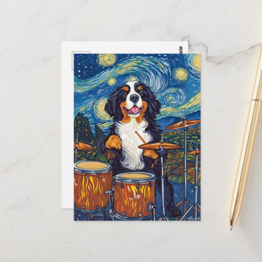 Bernese Mountain Dog Drummer Postkarte (Vorderseite/Rückseite Beispiel)