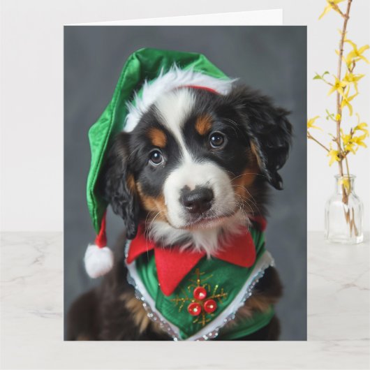 Bernese Mountain Dog Elf Welpe Weihnachtskarte Karte (Gelbe Blume)