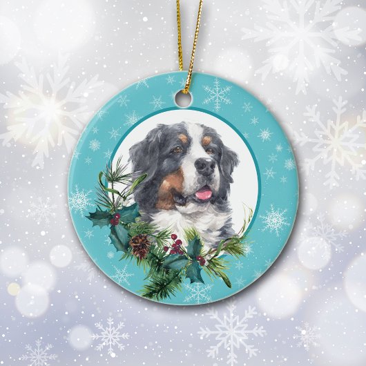 Bernese Mountain Dog Evergreen Snowflake Border Keramik Ornament