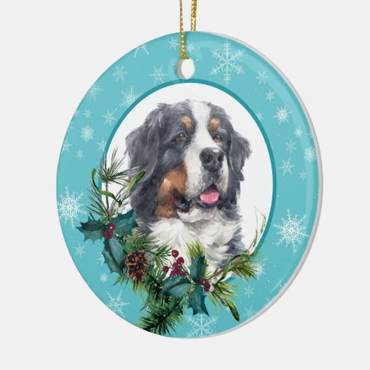 Bernese Mountain Dog Evergreen Snowflake Border Keramik Ornament (Links)