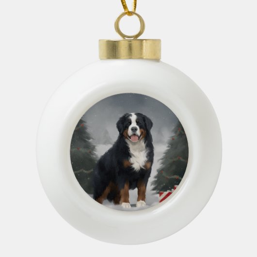 Bernese Mountain Dog im Schnee Weihnachten Keramik Kugel-Ornament (Vorderseite)