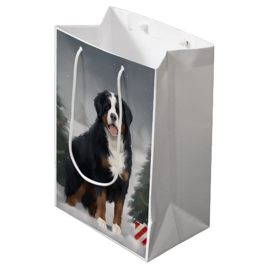 Bernese Mountain Dog im Schnee Weihnachten Mittlere Geschenktüte (Vorderseite Schrägansicht)