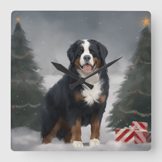 Bernese Mountain Dog im Schnee Weihnachten Quadratische Wanduhr (Vorderseite)