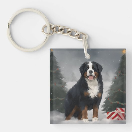 Bernese Mountain Dog im Schnee Weihnachten Schlüsselanhänger (Vorderseite)