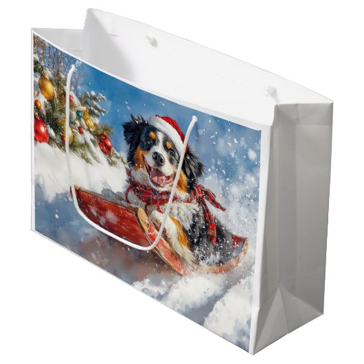 Bernese Mountain Dog in Sledge Weihnachten Große Geschenktüte (Vorderseite Schrägansicht)