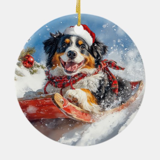 Bernese Mountain Dog in Sledge Weihnachten Keramik Ornament (Hinten)