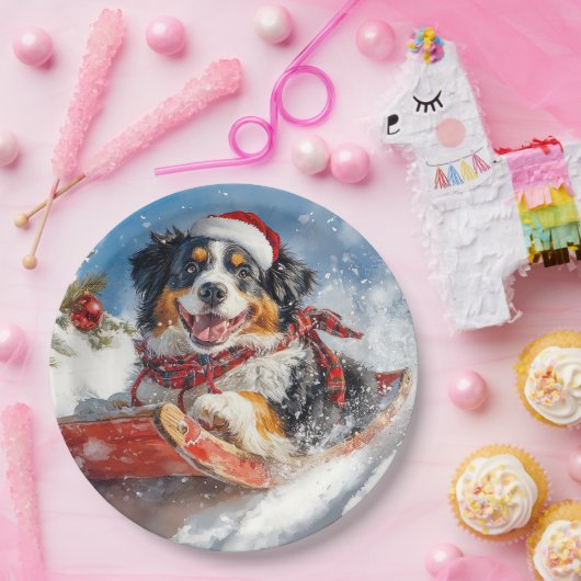 Bernese Mountain Dog in Sledge Weihnachten Pappteller (Party)