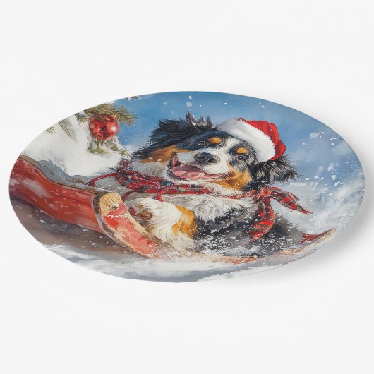 Bernese Mountain Dog in Sledge Weihnachten Pappteller (Schrägansicht)