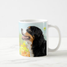 Bernese Mountain dog in the flower garden