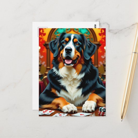 Bernese Mountain Dog playing Poker Postkarte (Vorderseite/Rückseite Beispiel)