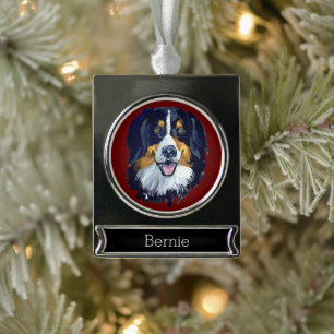 Bernese Mountain Dog Portrait Personalisiert Banner-Ornament Silber