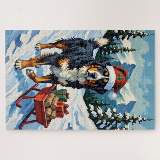 Bernese Mountain Dog Pulling Christmas Sled Hat Puzzle (Horizontal)