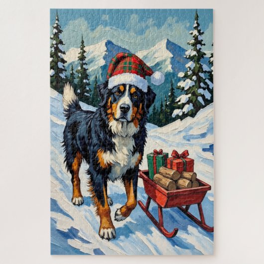 Bernese Mountain Dog Pulling Christmas Sled Hat Puzzle (Vertikal)