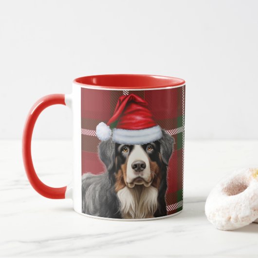 Bernese Mountain Dog Red Green Holiday Kariert Tasse (Mit Donut)