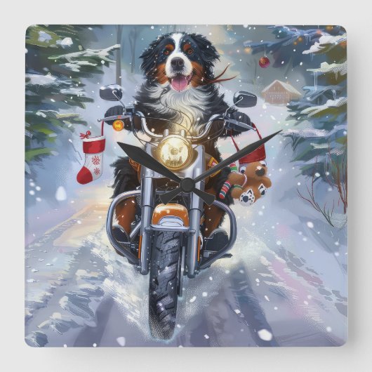 Bernese Mountain Dog Riding Motorrad Weihnachten Quadratische Wanduhr (Vorderseite)