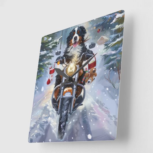 Bernese Mountain Dog Riding Motorrad Weihnachten Quadratische Wanduhr (Winkel)
