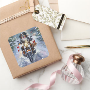 Bernese Mountain Dog Riding Motorrad Weihnachten Quadratischer Aufkleber