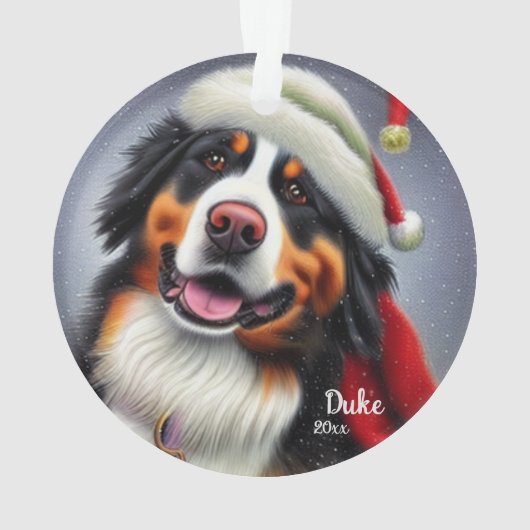 Bernese Mountain Dog, Santa Dog, Weihnachtsnamen Ornament (Rückseite)