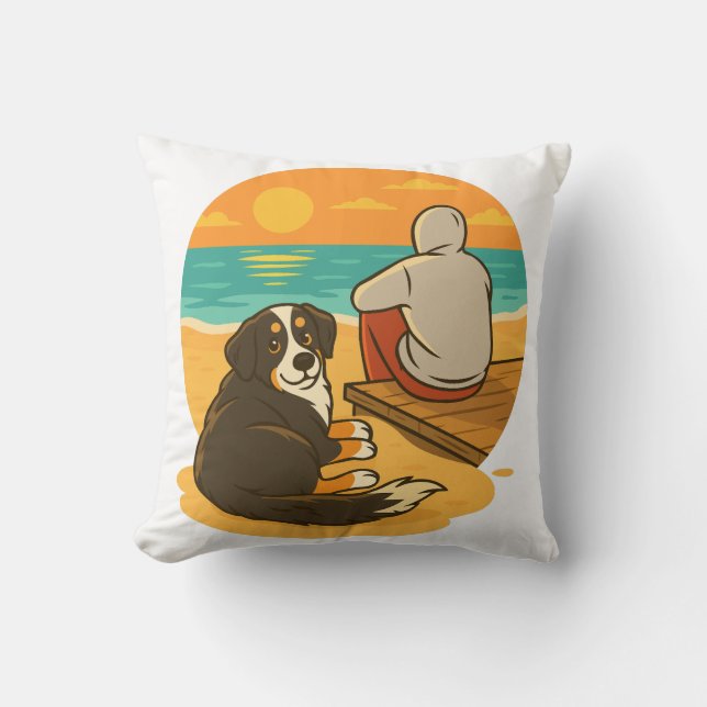 Bernese Mountain Dog Sunset Beach Companion Kissen (Vorderseite)