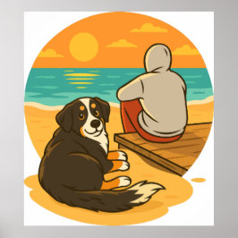 Bernese Mountain Dog Sunset Beach Companion Poster