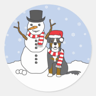 Bernese Mountain Dog und Snowman Runder Aufkleber