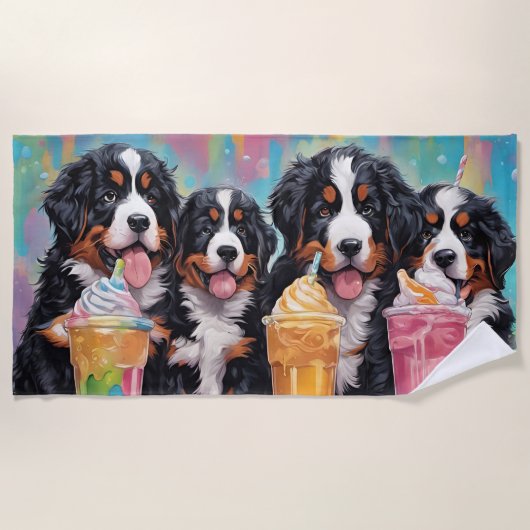 Bernese Mountain Dog Welpen trinken Milchshakes Strandtuch (Vorderseite)
