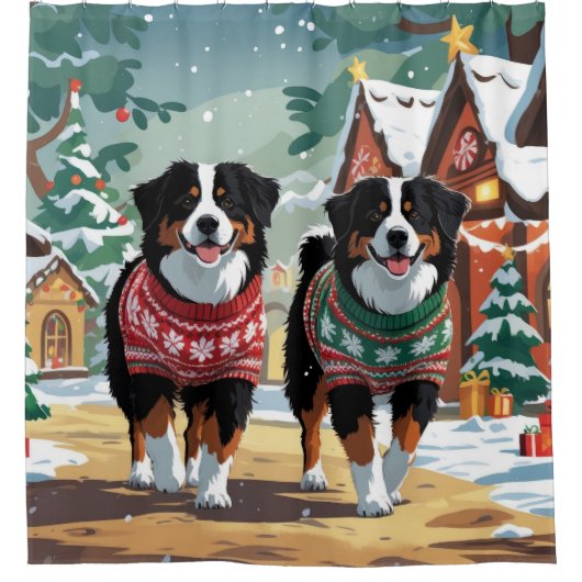 Bernese Mountain Dogs Christmas Snow Holiday Duschvorhang (Vorderseite)