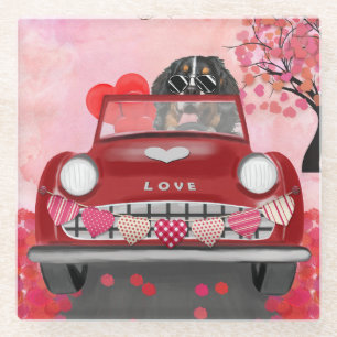 Bernese Mountain Driving Car with Hearts Valentine Glasuntersetzer