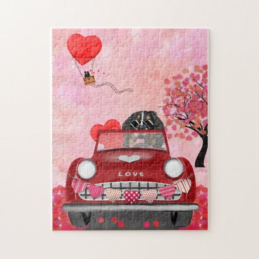 Bernese Mountain Driving Car with Hearts Valentine Puzzle (Vertikal)