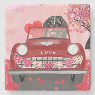 Bernese Mountain Driving Car with Hearts Valentine Steinuntersetzer