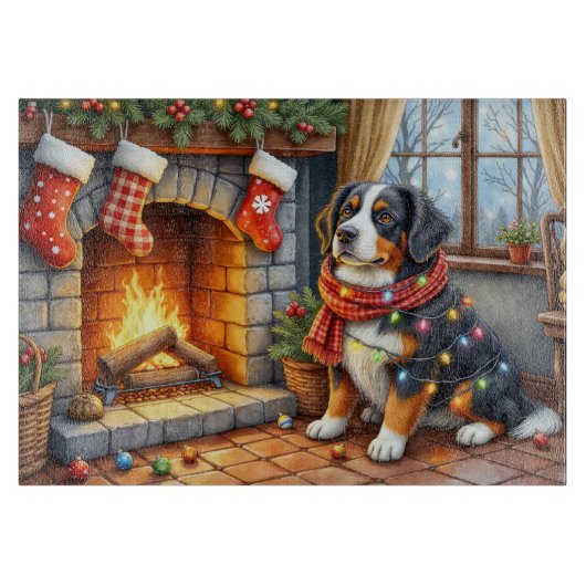 Bernese Mountain Fireplace with Christmas Lights Schneidebrett (Vorderseite)