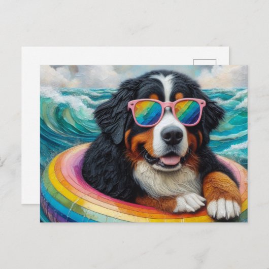 Bernese Mountain Hund auf einem Regenbogenfarbenfl Postkarte (Vorne/Hinten)