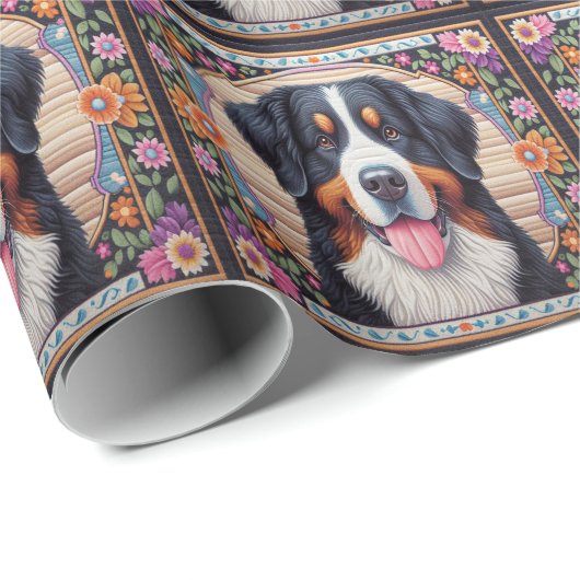 Bernese Mountain Hund Blumenkolorierte Grenze Geschenkpapier (Rolleneckpunkt)