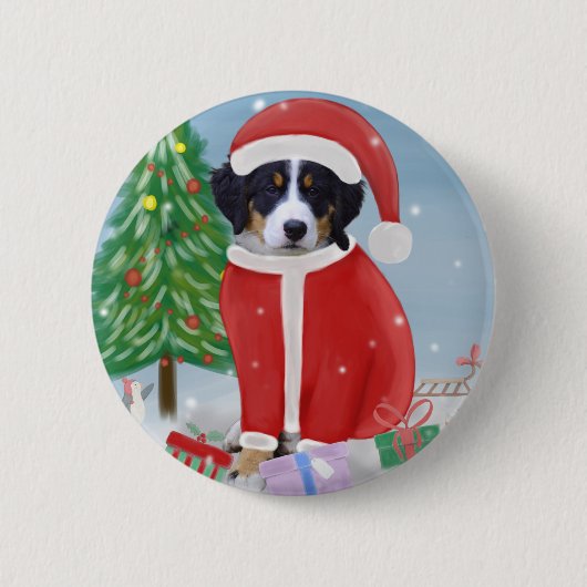 Bernese Mountain Hund im Schnee mit Weihnachtsgesc Button (Vorderseite)
