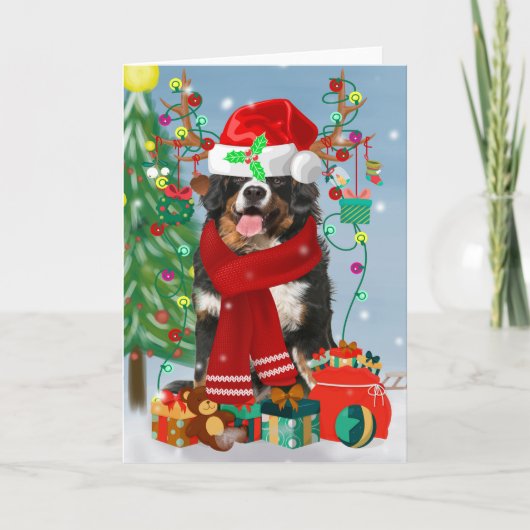 Bernese Mountain Hund im Schnee mit Weihnachtsgesc Karte (Vorderseite)