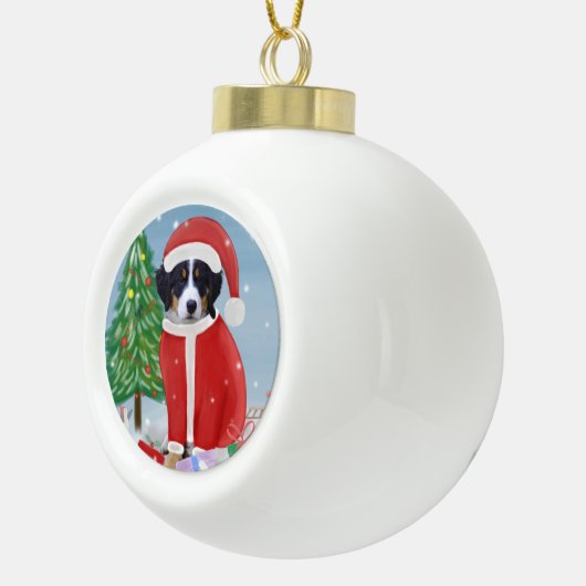 Bernese Mountain Hund im Schnee mit Weihnachtsgesc Keramik Kugel-Ornament (Rechts)