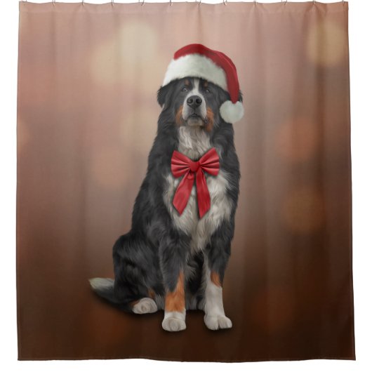 Bernese Mountain Hund in rotem Hut des Weihnachtsm Duschvorhang (Vorderseite)