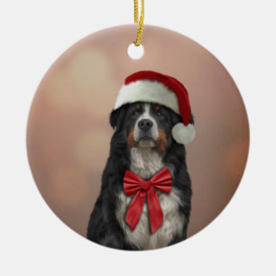 Bernese Mountain Hund in rotem Hut des Weihnachtsm Keramik Ornament