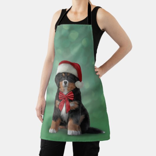 Bernese Mountain Hund in rotem Hut des Weihnachtsm Schürze (InSitu)