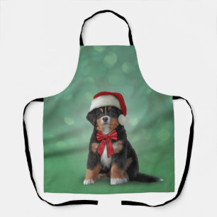 Bernese Mountain Hund in rotem Hut des Weihnachtsm Schürze