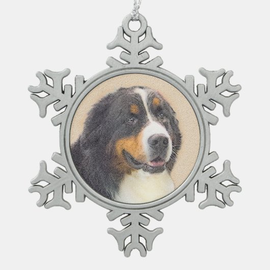 Bernese Mountain Hund Malerei - Original Hunde Kun Schneeflocken Zinn-Ornament (Vorderseite)
