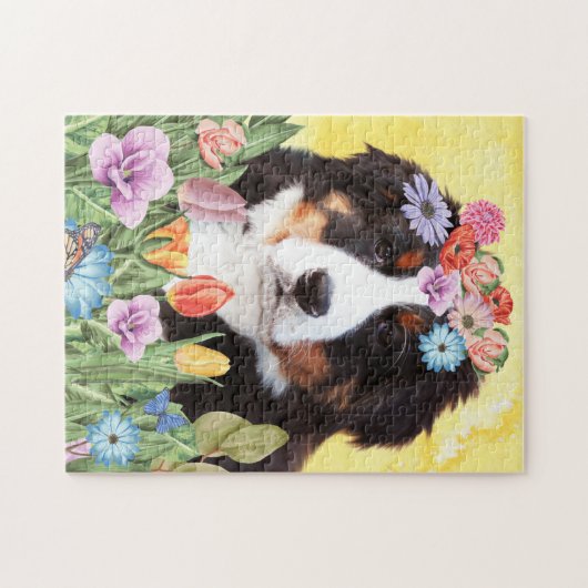 Bernese Mountain Hund mit Blume Frühjahr Puzzle (Horizontal)