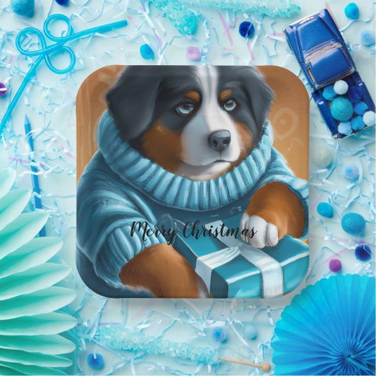 Bernese Mountain Hund mit Weihnachtsgeschenk Pappteller (Party)